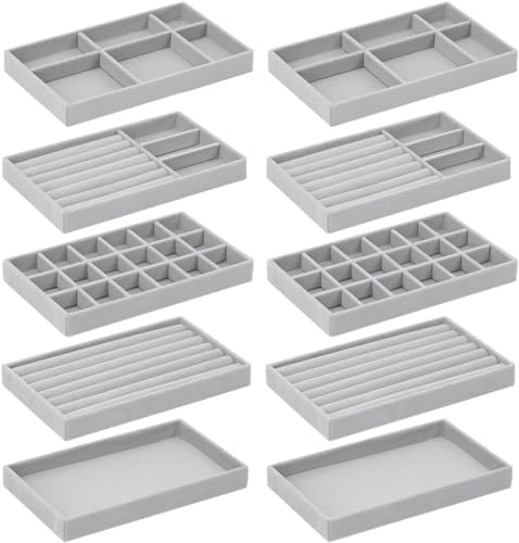 10 Pack Jewelry Organizer Tray Drawer Inserts Stac... (10 Count | Grey | Velvet)