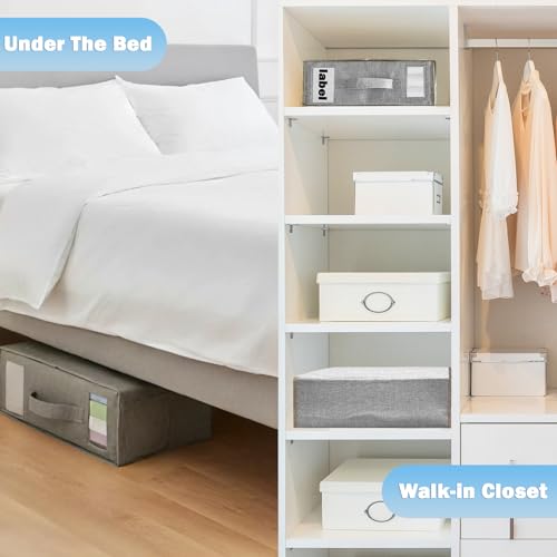 4 Pack Bed Sheet Organizer for Linen Closet, Foldable Sheet Organizers and Storage Containers with Window & Label, Bedding Storage Organizer for Sheets, Duvet Covers, Blankets, Grey