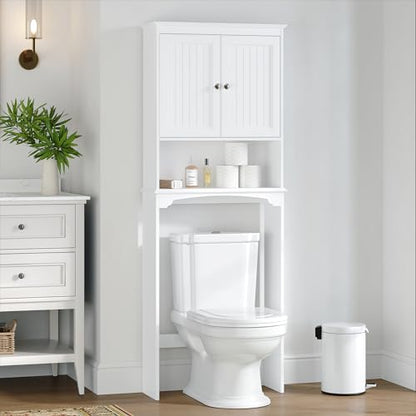 Spirich Over The Toilet Storage Cabinet with Doors, Bathroom Organizer | White, Adjustable Shelf, Anti-Tip Fitting, FSC-Certified MDF, Beadboard Design, 33.3" Toilet Clearance, Adjustable Crossbar