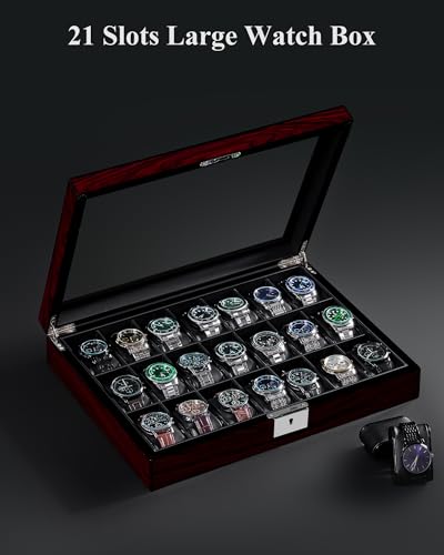ANWBROAD 21 Slot Watch Cases for Men, Watch Box Organizer with Large Glass | Red Piano Finish, Lid Lockable Wooden Watch Display Case, Watch Organizer for Men Women Watch Holder, Watch Storage UJWB004Y