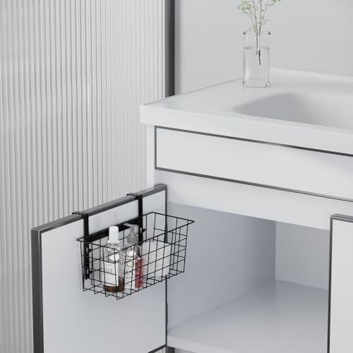 Basket with Hook, Grid Storage Basket, Over the Cabinet Door Organizer, Wire Hanging Basket with Hook Over the Railing, Under Sink Kitchen Cabinet, Pantry, Bathroom, Black, 2 Pack