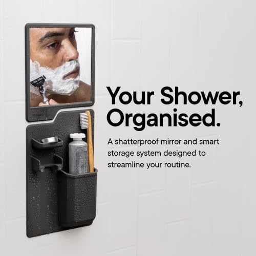 TOOLETRIES Harvey & Oliver, Shower Organizer & Shaving Mirror - Charcoal | Shower grooming station with a clear-view mirror and reusable organiser for everyday grooming.