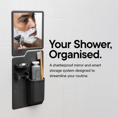 TOOLETRIES Harvey & Oliver, Shower Organizer & Shaving Mirror - Charcoal | Shower grooming station with a clear-view mirror and reusable organiser for everyday grooming.