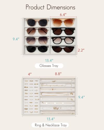 VLANDO Sunglasses Organizer,Stackable Jewelry Tray for Glasses,Beige | Removable Dividers, Soft Velvet Lining, Drawer Organizer for Glasses, Watches, Vanity Display, Gift for Women Girl