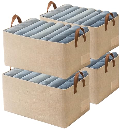 AARAINBOW Linen Closet Organizer Storage Bin with Steel Frame, Stackable Fabric Jeans Baskets for Shelves, 4 Packs Foldable Wardrobe Clothes Box for Sweater Pants Clothing Towel Shirt Felt, 23L Beige