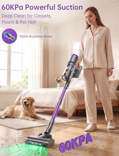 OXVAC Cordless Vacuum Cleaner, 60KPa 650W Stick Vacuum with 80Mins Runtime, Smart AUTO Mode, Anti-Tangle Brush, Self-Standing, Large Cup for Home, Pet Hair, Carpet & Hardwood Floor