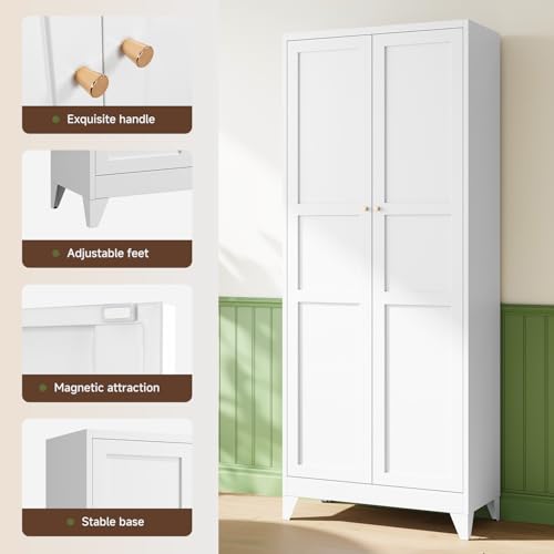 75" H Metal Storage Cabinet with 2 Doors and 4 Shelves,Tall Kitchen Pantry Cabinets,Farmhouse Utility Pantry Organizers for Cupboard/Dining/Bathroom/Home Office/Garage Room,White