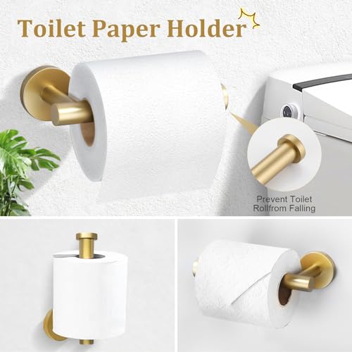 TURS Brushed Gold 5 Piece Bathroom Hardware Set, SUS304 Stainless Steel 24 Inch Bath Towel Bar Set, Round Bathroom Accessories Kit Wall Mounted