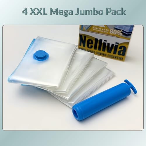 4 Mega Jumbo XXL Vacuum Storage Bags Set with Pump | Supersized Compression Space Saver, For Comforter, Duvet, Bedding, Blanket, Vacuum Seal for Clothing
