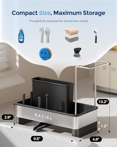 Kitchen Sink Caddy Organzier with High Brush Holder, Sponge Holder for Kitchen Sink with Two Towel Racks - Rustproof 304 Stainless Steel Kitchen Countertop Storage Essentials