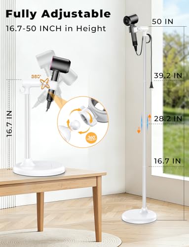 Hands-Free Hair Dryer Stand for Blow Dryers Hairdryer Holder for Families & Pet Grooming Bathroom Use Hair Dryer Holder with Anti-Slip Stable Base, Adjustable Height 16.7 - 50 Inch