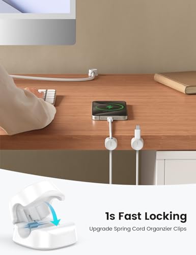 Lamicall 12 Pack Spring Cord Organizer, [1s Lock] Cable Management Clips | Office Desk Accessories, Adhesive Phone Charger Cord Holder for Nightstand, Dorm Room Home Workspace Organization Essentials