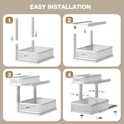 2 Pack Under Sink Organizer With Next-Gen Ball-Bearing Slides,2-Tier Precision Mesh Pull Out Cabinet Drawers Storage for Bathroom&Kitchen,Height Adjustable Shelf,Rust-resistant-Patent Pending