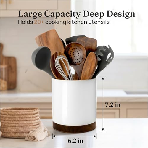 Ceramic Rotating Utensil Holder for Countertop Kitchen Organizer White | 7.2'' 360° Stable Large Utensil Crock Cooking Utensils for Kitchen Counter, No-Slip, Modern Farmhouse Decor, Christmas Gift
