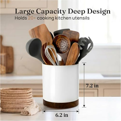Ceramic Rotating Utensil Holder for Countertop Kitchen Organizer White | 7.2'' 360° Stable Large Utensil Crock Cooking Utensils for Kitchen Counter, No-Slip, Modern Farmhouse Decor, Christmas Gift
