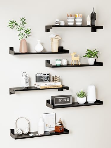 Floating Shelves for Wall, Shelves for Decor Storage Set of 6, Wall Mounted Wood Shelf for Bedroom, Living Room, Bathroom, Kitchen,Long Picture Ledge Shelves.(Black)