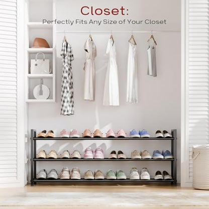 Bumusty 3 Tier Long Expandable Shoe Rack for Closet, Black | 18"-44" Adjustable Shoe Rack for Entryway, Shoe Organizer for Dorm, Front Door, Sturdy Metal
