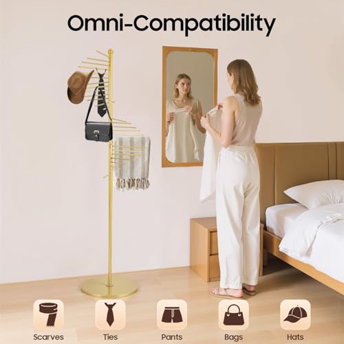 67" Freestanding Scarf Organizer, Metal Spiral Scarf Holder with 30 Rods | Gold, Commercial Hijab Organizer Belt Pants Hanger for Clothing Store Home, Space Saving Shelves