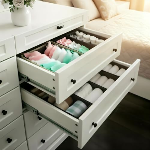 Bructhun Sock Drawer Organizer 6 Pack - Collapsible Fabric Storage Bins for Underwear Divider, Small Closet Organizers with 6 Compartments, Gray