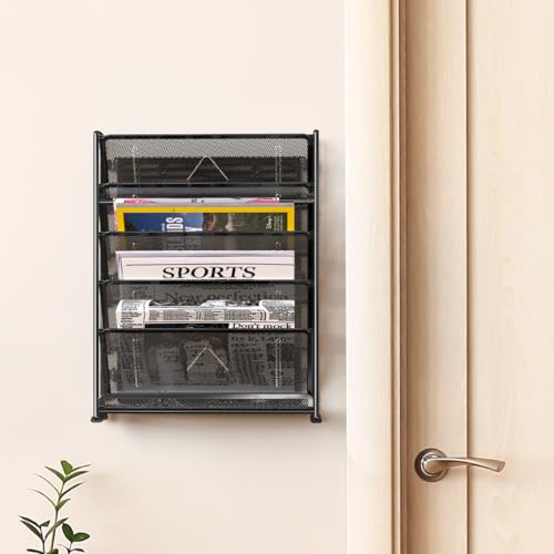 Simple Houseware 6-Tier Wall Mount Document Letter Tray Organizer, Black | 5 Tilted Trays + 1 Flat Bottom Tray, Wall Mount Hardware Included