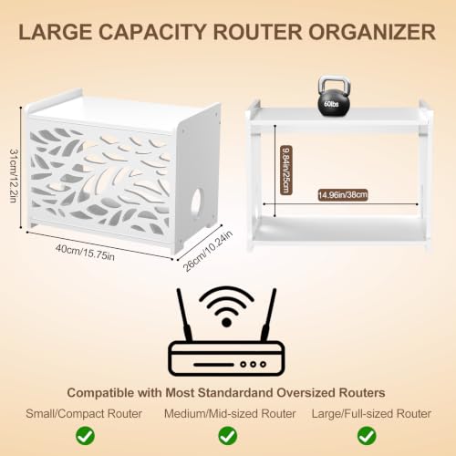 Router Box Hider & Projector Shelf -Decorative WiFi Router Storage Cabinet | Ventilation Cable Management Box Modem & Power Strip Hider Rack Leaf Pattern Cutout, Fits Routers Up to 9.84" Tall (White）
