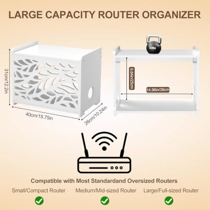 Router Box Hider & Projector Shelf -Decorative WiFi Router Storage Cabinet | Ventilation Cable Management Box Modem & Power Strip Hider Rack Leaf Pattern Cutout, Fits Routers Up to 9.84" Tall (White）