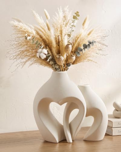 White Ceramic Flower Vase Home Table Decor Heart Shaped Vase Set of 2 | Boho Heart Shaped Minimalist Decorative Vases for coffee Table Centerpiece Wedding Dining Living Room Office House Decoration
