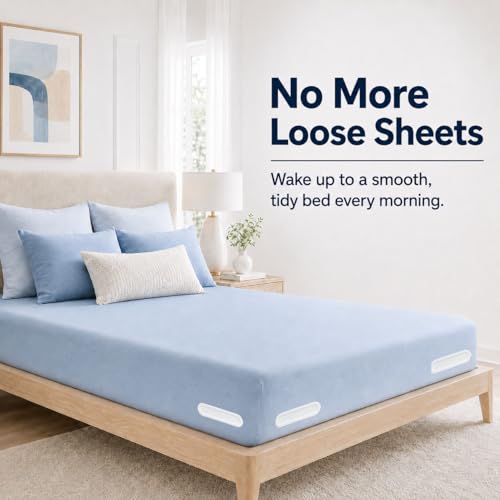 Bed Sheet Holders, Corner Fasteners, 8 Count, White | Easy-install corner fasteners help secure fitted sheets on most mattresses; includes 8 white holders.