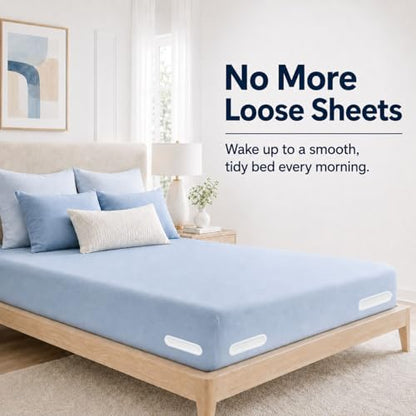 Bed Sheet Holders, Corner Fasteners, 8 Count, White | Easy-install corner fasteners help secure fitted sheets on most mattresses; includes 8 white holders.
