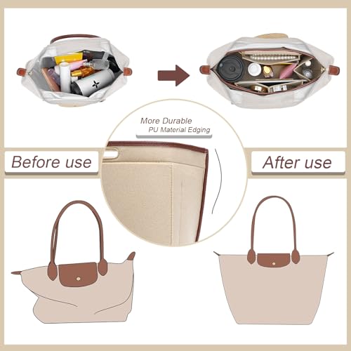 Felt Purse Organizer Insert for Longchamp Le Pliage L Bag Handbag Leather edge Longchamp Organizer Insert (Beige, Large)