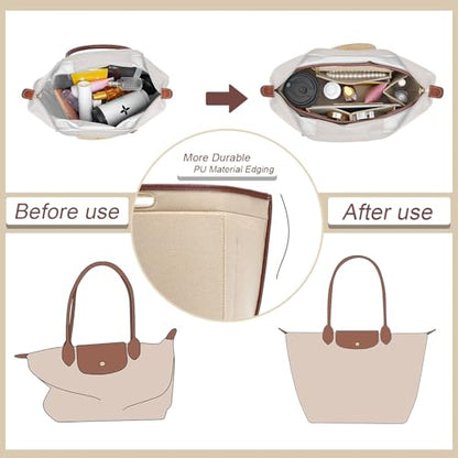 Felt Purse Organizer Insert for Longchamp Le Pliage L Bag Handbag Leather edge Longchamp Organizer Insert (Beige, Large)