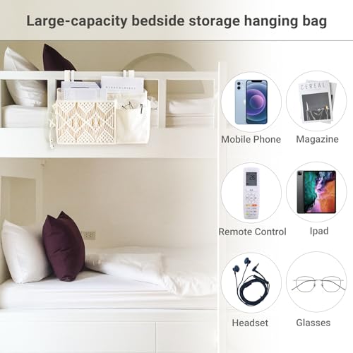 Mkono Bedside Caddy, Macrame Hanging Organizer, 4 Pockets Ivory Metal Hooks | Dorm Room Essentials, Boho Storage, Bunk Loft Bed Bedroom Nursery, Laptop Phone Remote Magazine Glasses, Fixed Straps