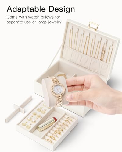 VLANDO Jewelry Organizer,2 Layer Jewelry Box Large Jewelry Organizer for Mothers Day Mom Gifts Women Removable Jewelery Tray with Watch Pillow for Necklace Earrings Rings Bracelets(Cream White)