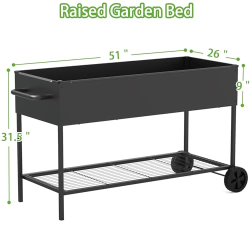 JWPEHOE 51＂Raised Garden Bed with Leg,Mobile Planter Box with Storage Shelf | Elevated Garden Box for Backyard, Balcony, Black, for Outdoor Plants