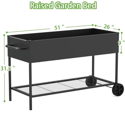 JWPEHOE 51＂Raised Garden Bed with Leg,Mobile Planter Box with Storage Shelf | Elevated Garden Box for Backyard, Balcony, Black, for Outdoor Plants