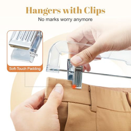 HOUSE DAY 14 Inch Clear Pants Hangers with Clips 12 Pack, Skirt Hangers | Adjustable Clip Hangers for Pants, Skirts, Jeans and Shorts, with No Marks Pads and 360° Swivel Hook, for Closet Organization
