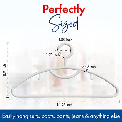 Plastic Clothes Hangers- Heavy Duty Plastic Hangers for Clothes, Coats, Dress, Suits- Non Slip Closet Cloth Hanger with Hook for Scarves, Belts & Ties- Snag Free White Hangers for Shirts (Pack of 12)
