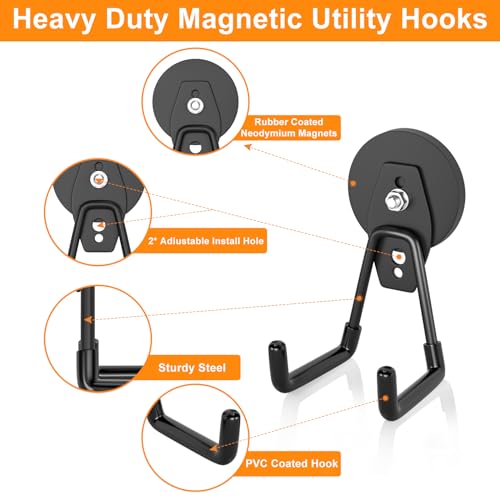ENUODA Strong Magnetic Hooks Heavy Duty Neodymium Magnetic Tool Holder Magnet Garage Hooks for Hanging Broom, Mop, Power Tool, Toolbox, Shovel, Toolchest, Container, Van, Cabinet, Pegboard, 4 Pack