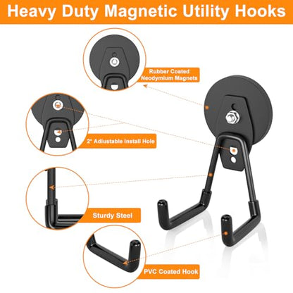 ENUODA Strong Magnetic Hooks Heavy Duty Neodymium Magnetic Tool Holder Magnet Garage Hooks for Hanging Broom, Mop, Power Tool, Toolbox, Shovel, Toolchest, Container, Van, Cabinet, Pegboard, 4 Pack