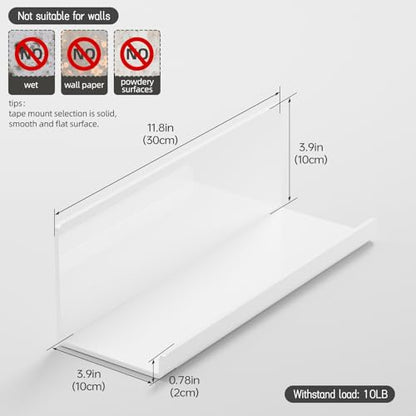 PAVSTINE Acrylic Wall Floating Shelves Set of 2, Wall Shelves White 12 Inch Adhesive Wall Organizer Adhesive Shelf for Bathroom, Kitchen, Bedroom, Office, Gaming Room, No Damage, No Drill