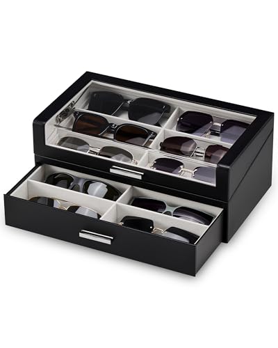 ProCase 12 Slots Sunglasses Box with L-Shaped Clear Lid -Black | Multiple Pairs Glasses Display Organizer Eyewear Eyeglass Eye Glass Storage Holder with Drawer for Men Women