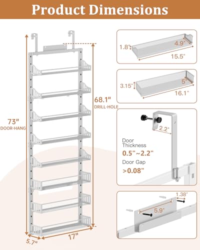 Over the Door Pantry Organizer 8-Tier, Large Metal Door Spice Rack with Adjustable Basket, 2 in 1 Wall Mount or Hanging Heavy-Duty Pantry Door Storage Shelf for Kitchen and Bathroom, White