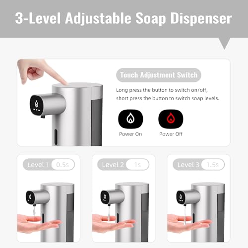 Automatic Liquid Soap Dispenser Touchless, USB Rechargeable Smart Hand Soap Dispenser, 13.5oz/400ml, 3-Level Adjustable, Compatible with Thick Thin Dish Soap for Bathroom Kitchen, Clog-Free (Silver)