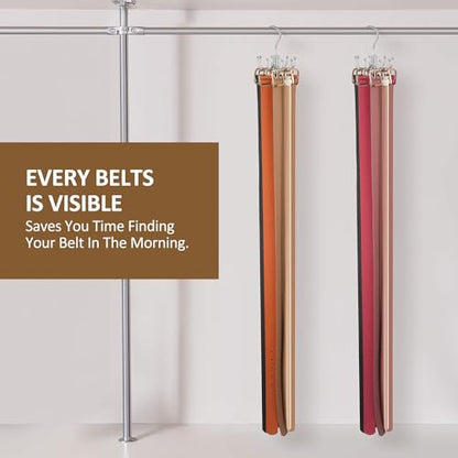 2 Pack Belt Hanger, Belt Organizer for Closet 360° Rotatable | Heavy-Duty Metal Belt Holder with 16 Hooks, Holds Up to 48 Belts, Hanging Belt Storage Rack for Closet, Space Saving