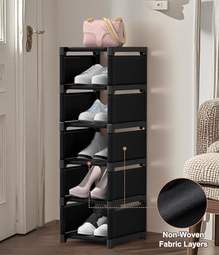 6-Tier Narrow Shoe Rack, Vertical Small Space Shoe Organizer, 9.84" Compact Slim Shoe Shelf for Closet & Entryway, Sturdy & Tool-Free Assembly, Adjustable Height for Boots