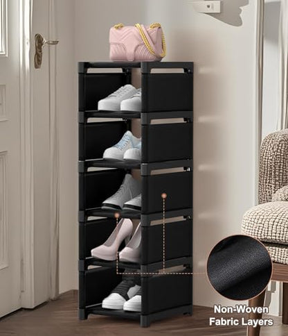 6-Tier Narrow Shoe Rack, Vertical Small Space Shoe Organizer, 9.84" Compact Slim Shoe Shelf for Closet & Entryway, Sturdy & Tool-Free Assembly, Adjustable Height for Boots