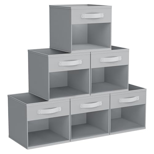 DIMJ Storage Cubes, 11x 11 inch Cube Storage Bin, 6 Pack Closet organizers and storage Bins with Window, Collapsible Baskets with Handle for Shelves, Clothes, Toys, Books (Grey)