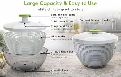 Brieftons Large 6.2-Quart Collapsible Salad Spinner: Manual One-Handed Pump Vegetable Washer Dryer Drainer Strainer, BPA-Free Bowl, Basket Colander & Lid, Compact Storage, for Greens Herbs Fruits