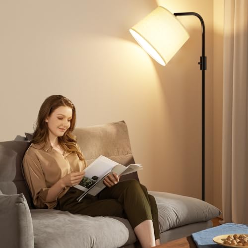 Arc Floor Lamp for Living Room with Rotary Switch, Linen Shade | Dimmable, Adjustable Head, 9W LED Bulb, Black, for Bedroom Office Dorm