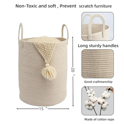 Woven Cotton Rope Laundry Basket, 15" x 20" Laundry Hamper, Oatmeal | Rope storage basket for dirty clothes, toys and blankets. Perfect for bathroom, baby nursery and living room storage.